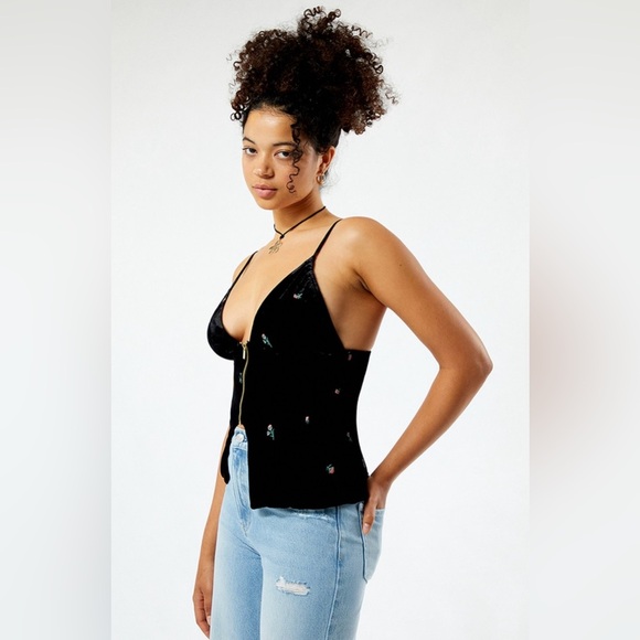 WeWoreWhat Embroidered Velvet Peplum Corset in Color Black Multi - Picture 5 of 8